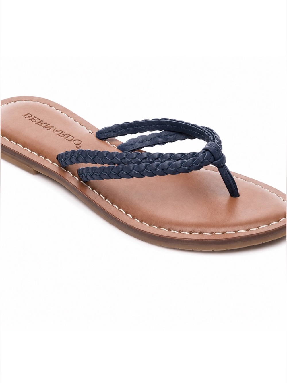 BERNARDO Leather Navy Blue Braided Thong Sandals w Tan Footbed - Womens Shoes